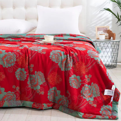 Couette jacquard en gaze de coton avec pivoines rouges