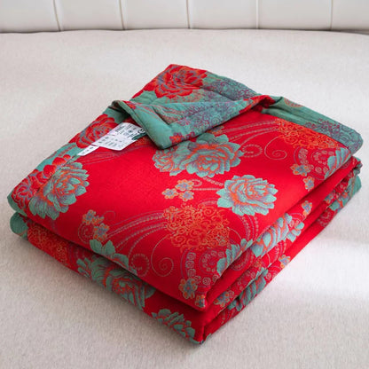 Couette jacquard en gaze de coton avec pivoines rouges