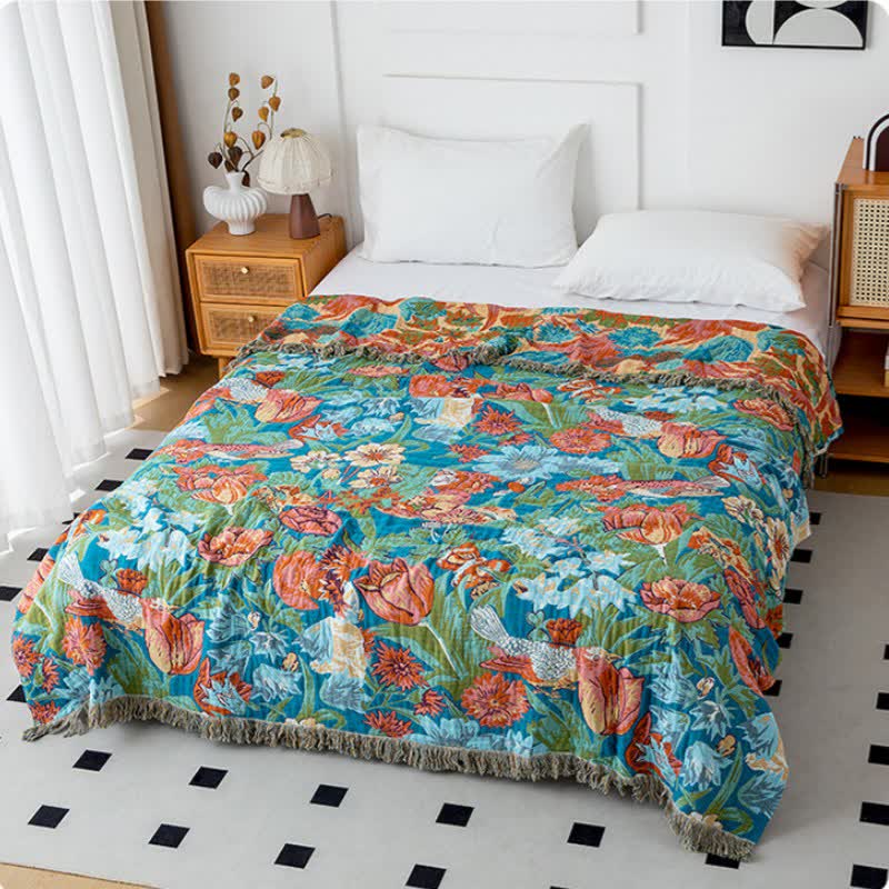 Couverture en coton naturel Tulip Gerbera avec pompons