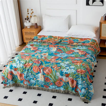 Couverture en coton naturel Tulip Gerbera avec pompons