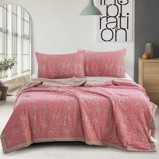 Couette papillon rose en gaze de coton jacquard