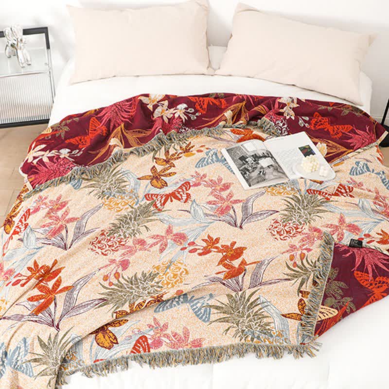 Couette en coton naturel avec fleurs d'ananas et papillons