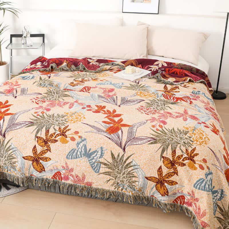 Couette en coton naturel avec fleurs d'ananas et papillons