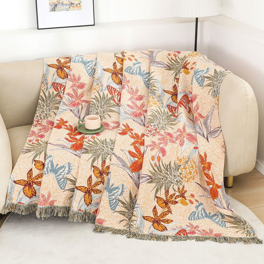 Couverture en coton naturel motif ananas, fleur et papillon