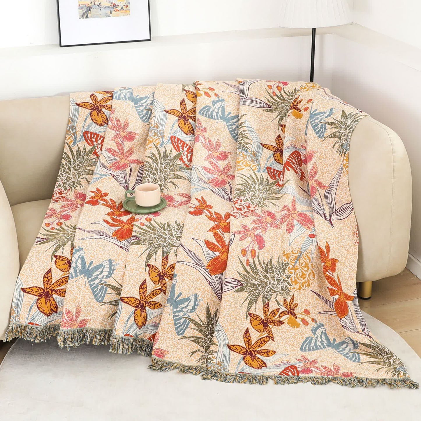 Couette en coton naturel avec fleurs d'ananas et papillons