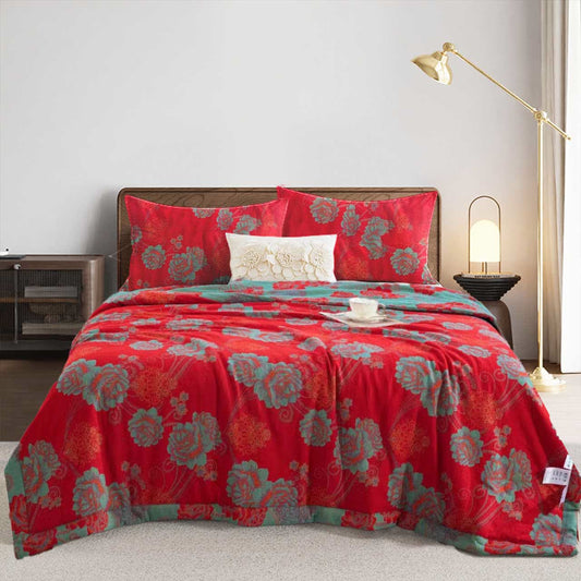 Couette jacquard en gaze de coton avec pivoines rouges