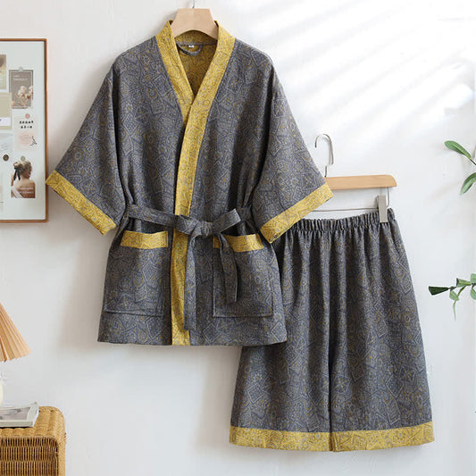 Pyjama unisexe en coton style kimono, gris, motif géométrique