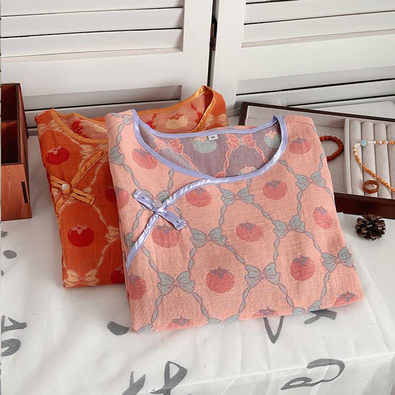 Chemise de nuit en gaze de coton jacquard avec nœud kaki