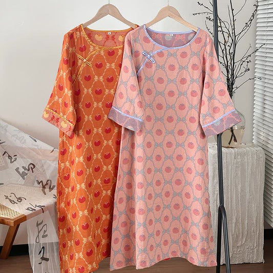 Chemise de nuit en gaze de coton jacquard avec nœud kaki