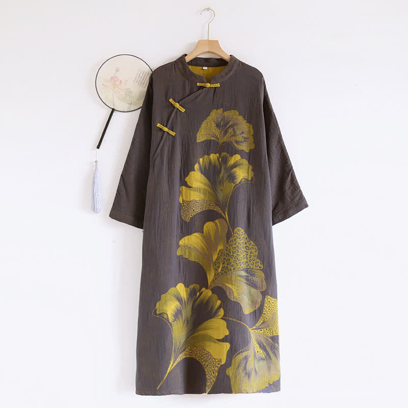 Chemise de nuit double orientale en coton avec feuilles de ginkgo