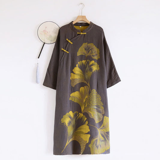Chemise de nuit double orientale en coton avec feuilles de ginkgo