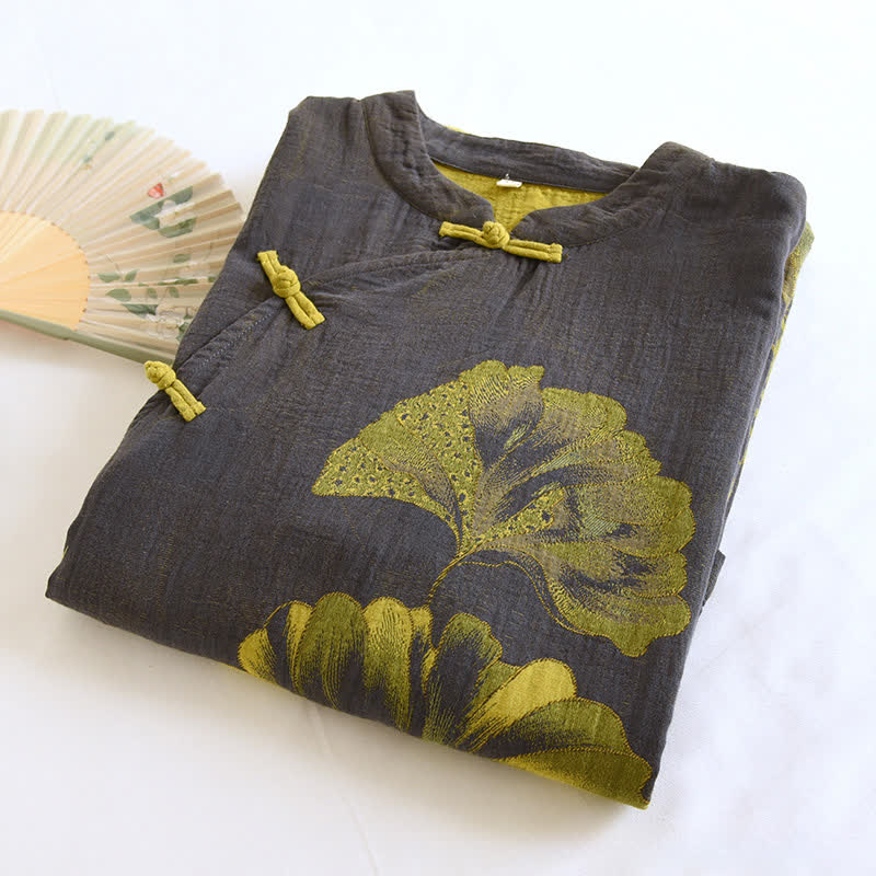 Chemise de nuit double orientale en coton avec feuilles de ginkgo
