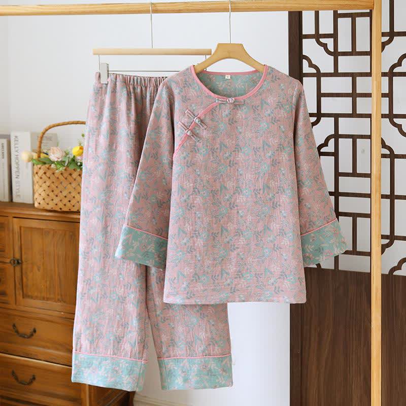 Pyjama en gaze de coton jacquard à motif floral oriental