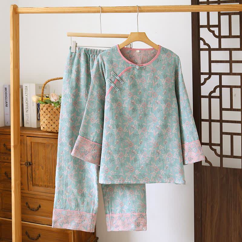 Pyjama en gaze de coton jacquard à motif floral oriental