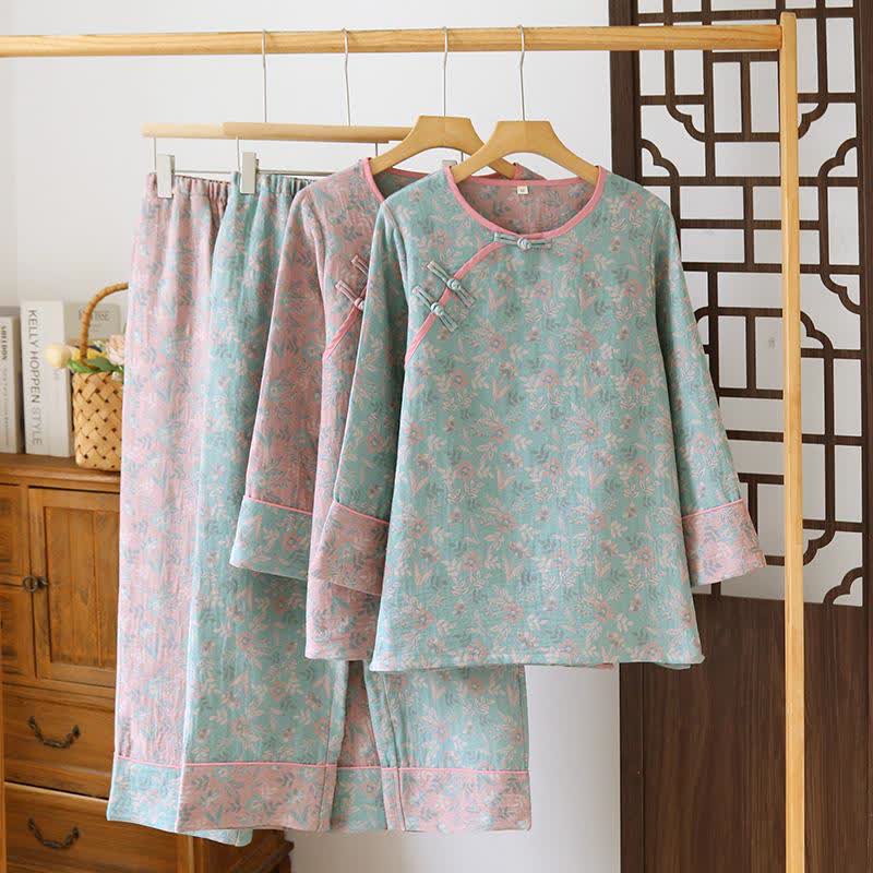 Pyjama en gaze de coton jacquard à motif floral oriental