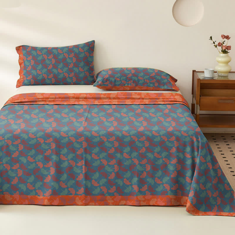 Couvre-lit en gaze de coton avec feuilles de ginkgo - Bleu et orange - 2 taies d'oreiller - 102 cm x 51 cm - image 0