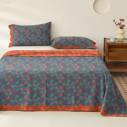 Couvre-lit en gaze de coton avec feuilles de ginkgo - Bleu et orange - 2 taies d'oreiller - 102 cm x 51 cm - image 0