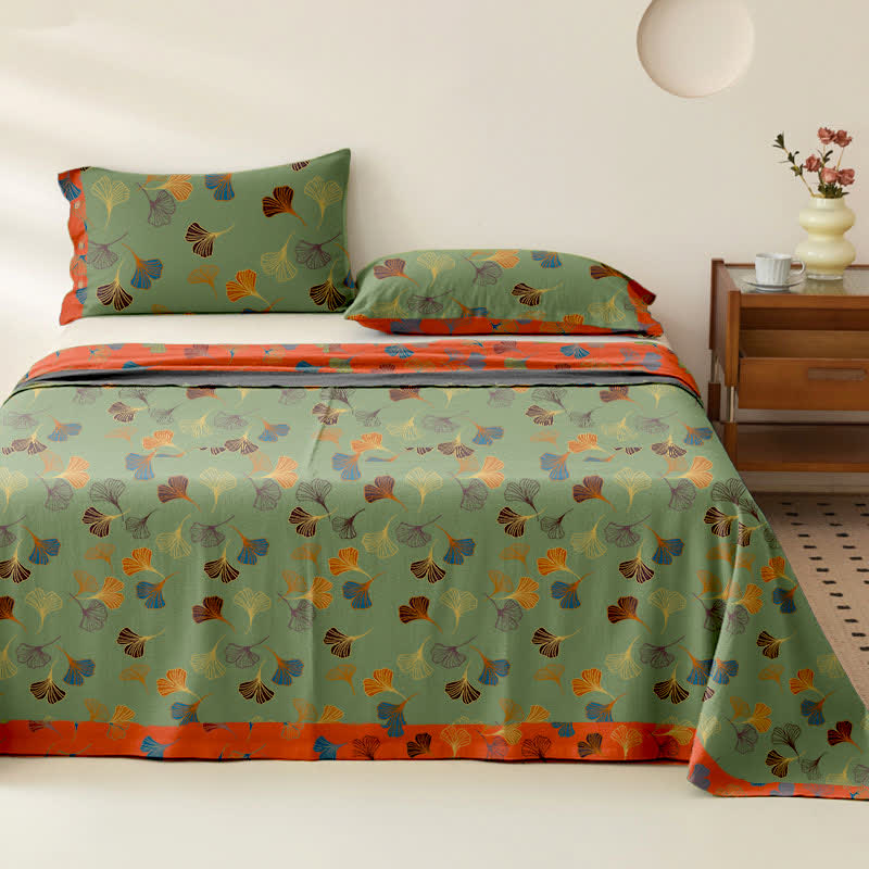 Couvre-lit réversible en gaze de coton jacquard "Ginkgo"