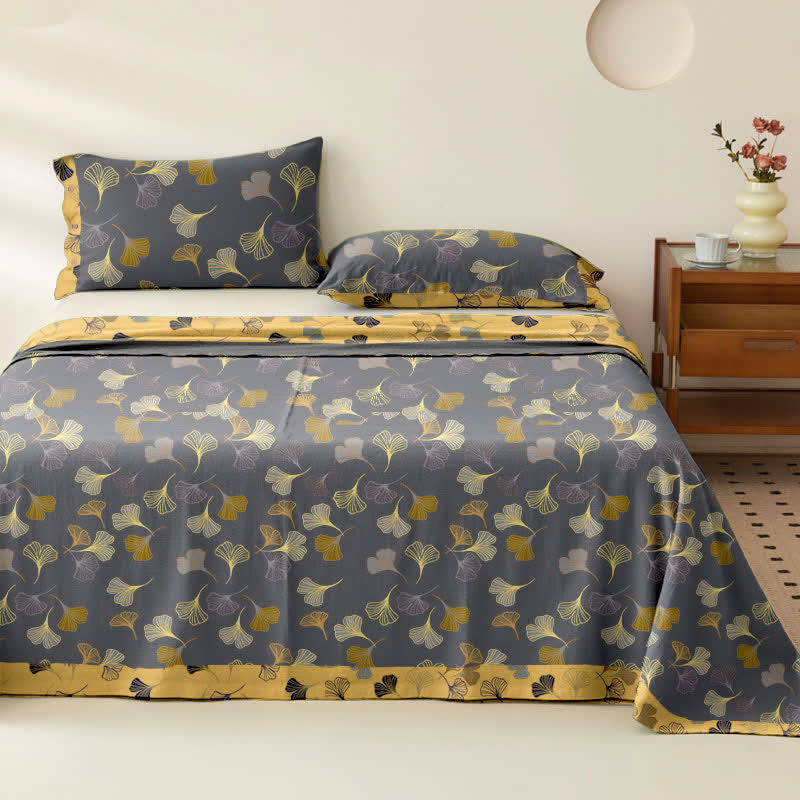 Couvre-lit réversible en gaze de coton jacquard "Ginkgo"