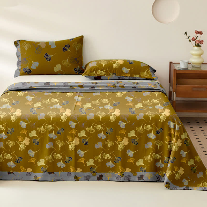 Couvre-lit réversible en gaze de coton jacquard "Ginkgo"