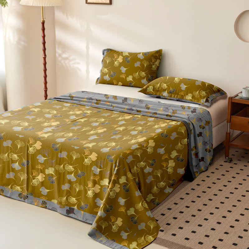Couvre-lit réversible en gaze de coton jacquard "Ginkgo"
