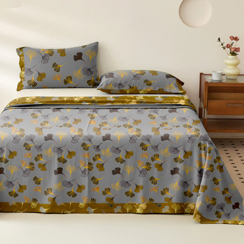 Couvre-lit jacquard en gaze de coton « Ginkgo Biloba » - Gris - 2 taies d'oreiller - 102 cm x 51 cm - image 13