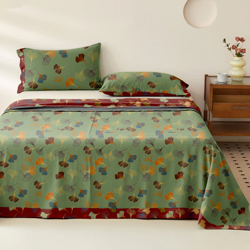 Couvre-lit en gaze de coton jacquard « Ginkgo Biloba » - Vert - 2 taies d'oreiller - 102 cm x 51 cm - image 16