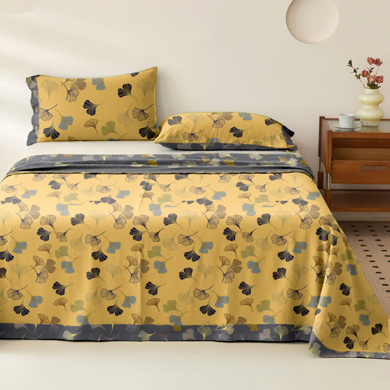 Couvre-lit jacquard en gaze de coton « Ginkgo Biloba » - Jaune clair - 2 taies d'oreiller - 102 cm x 51 cm - image 20