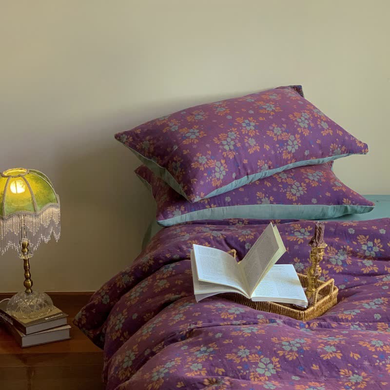 Parure de lit en coton jacquard floral violet (4 pièces)