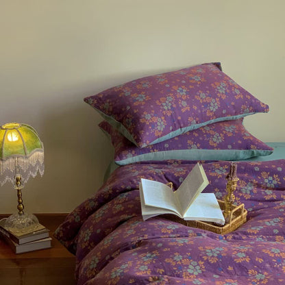 Parure de lit en coton jacquard floral violet (4 pièces)