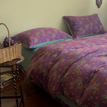Parure de lit en coton jacquard floral violet (4 pièces)