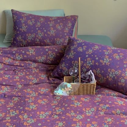 Parure de lit en coton jacquard floral violet (4 pièces)