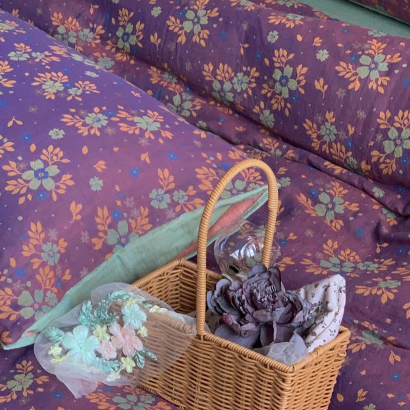 Parure de lit en coton jacquard floral violet (4 pièces)