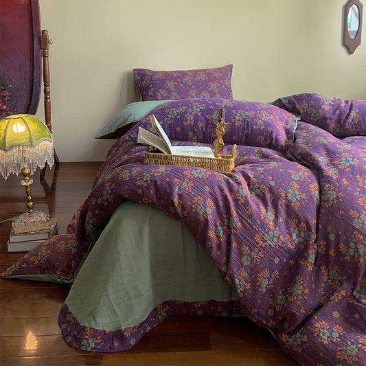 Parure de lit en coton jacquard floral violet (4 pièces)
