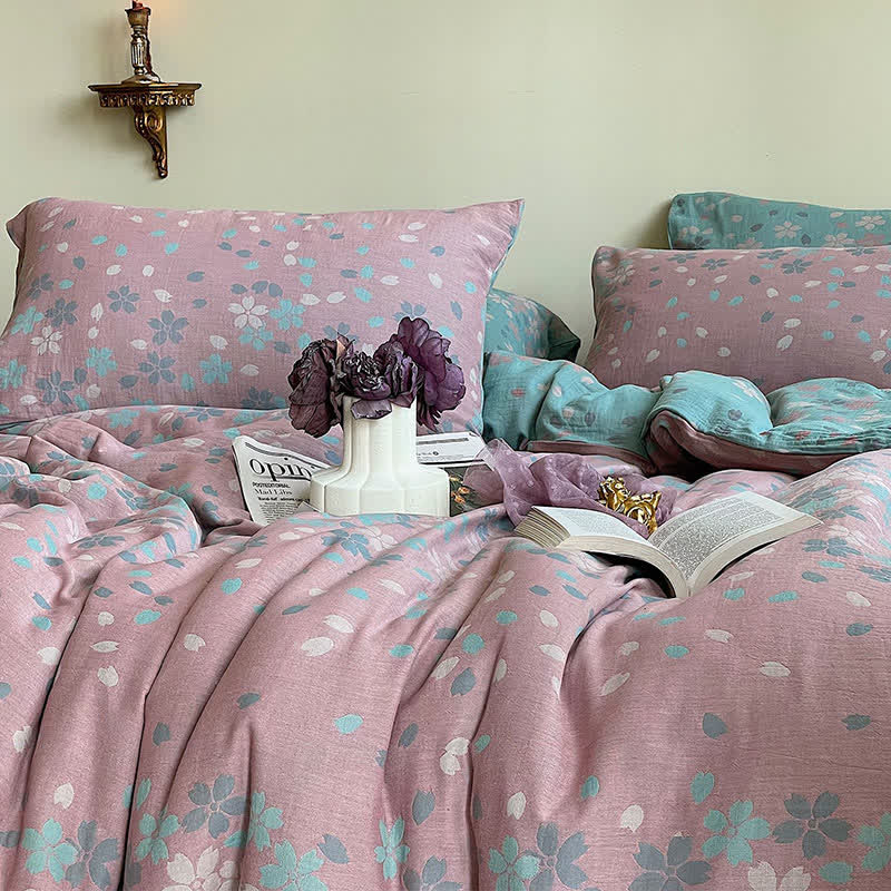 Parure de lit en gaze de coton à fleurs de cerisier (4 pièces)