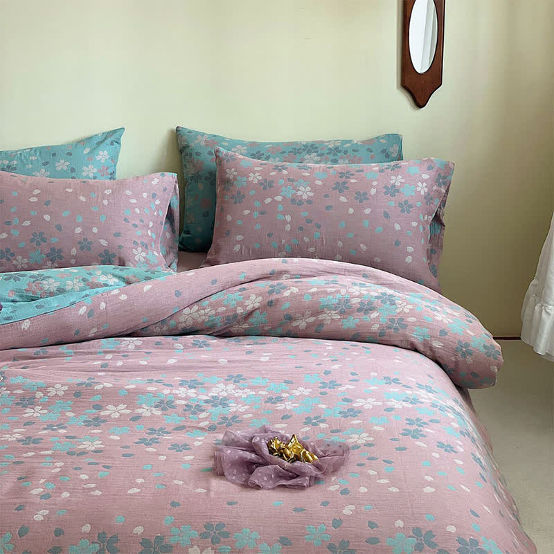 Parure de lit en gaze de coton à fleurs de cerisier (4 pièces)