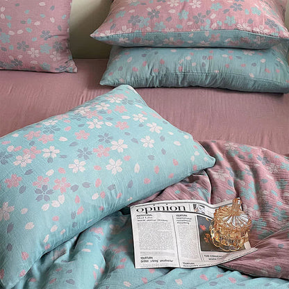 Parure de lit en gaze de coton à fleurs de cerisier (4 pièces)