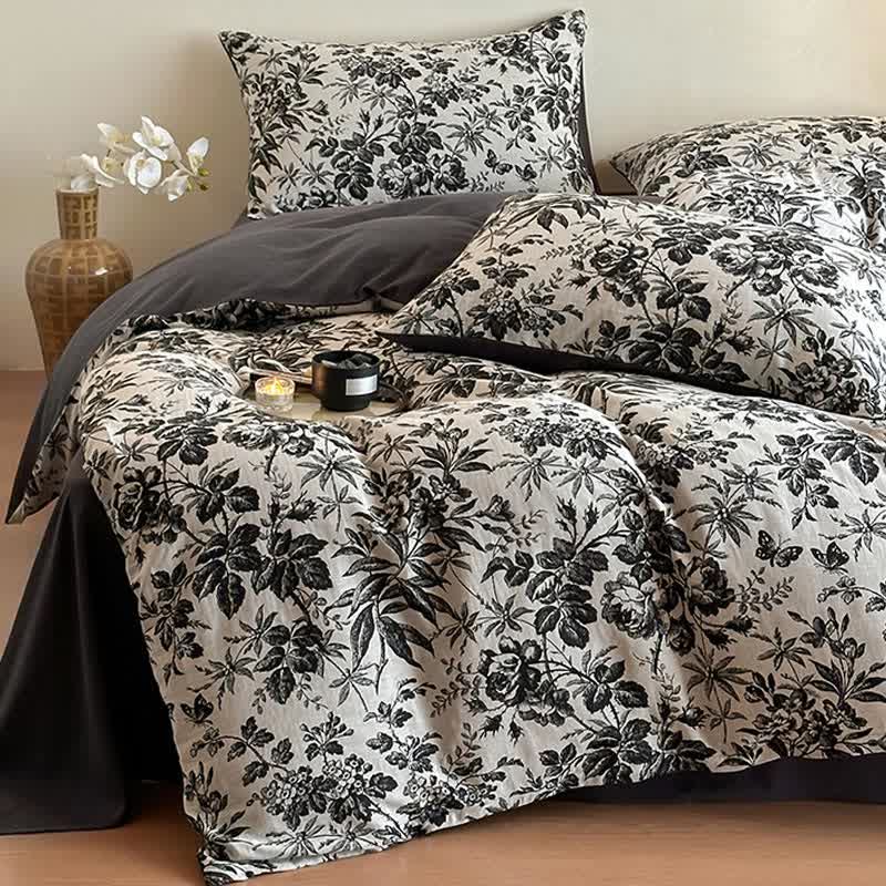 Parure de lit en coton naturel Black Camellia (4 pièces)