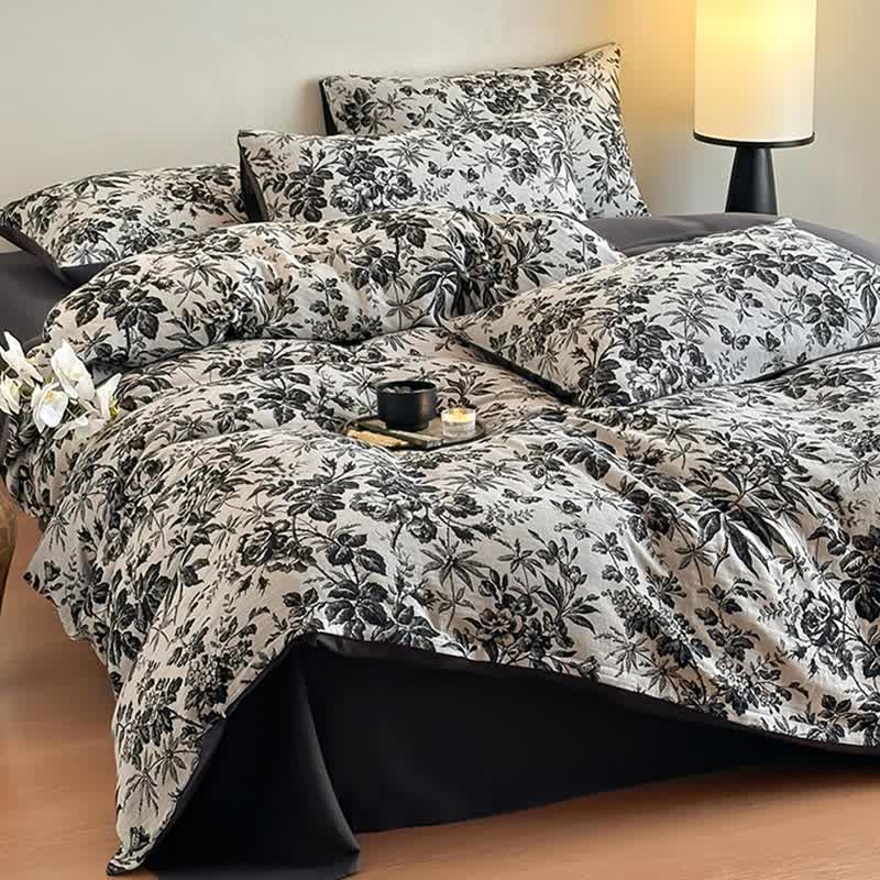 Parure de lit en coton naturel Black Camellia (4 pièces)