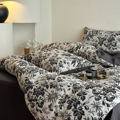 Parure de lit en coton naturel Black Camellia (4 pièces)