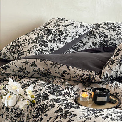 Parure de lit en coton naturel Black Camellia (4 pièces)