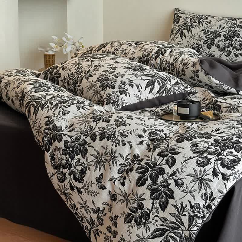 Parure de lit en coton naturel Black Camellia (4 pièces)
