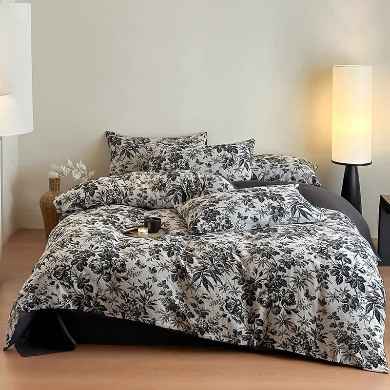 Parure de lit en coton naturel Black Camellia (4 pièces)
