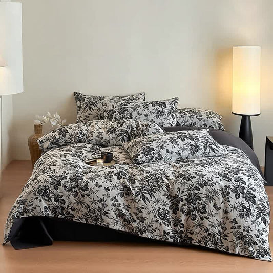 Parure de lit en coton naturel Black Camellia (4 pièces)