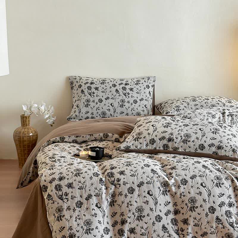 Parure de lit florale en coton naturel noir (4 pièces)