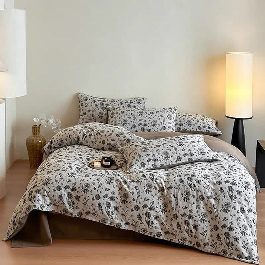 Parure de lit florale en coton naturel noir (4 pièces)