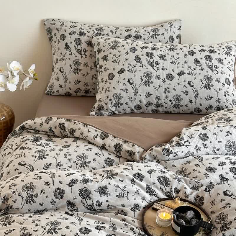 Parure de lit florale en coton naturel noir (4 pièces)
