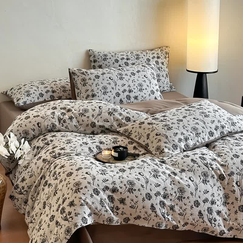 Parure de lit florale en coton naturel noir (4 pièces)