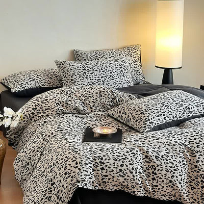 Parure de lit en coton naturel à imprimé léopard (4 pièces)