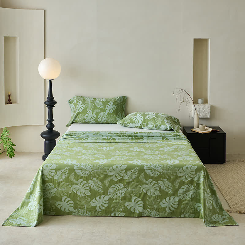 Couvre-lit jacquard en gaze de coton vert à motif monstera - Vert - 2 taies d'oreiller - 102 cm x 51 cm - image 5